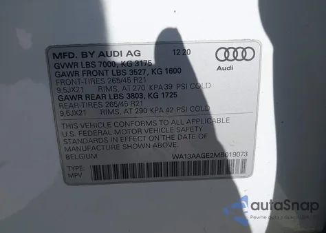 2021 Audi E-Tron Sportback Prestige Quattro from USA, damaged, VIN WA13AAGE2MB019073